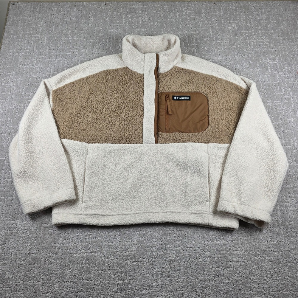 Columbia Mens XL Sherpa Fleece Pullover Snap Neck Tan Cream Colorblock Jacket